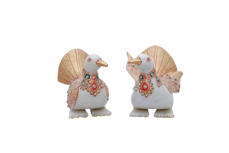 Set of 2 Marble Pigeon Figurines with Intricate Gold Artwork