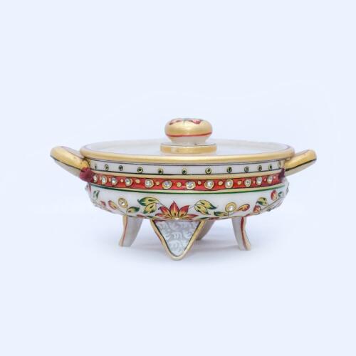 Handpainted Minakari Marble Teri Bowl – Round Shape with Four Legs and Transparent Top