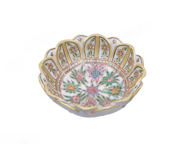 Round Marble Minakari Bowl with Handpainted Floral Design – Perfect for Serving or Décor