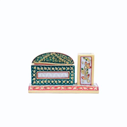 2-Compartment Marble Pen Stand and Card Holder with Minakari Handpainting