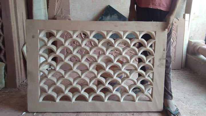 Hand-Carved Sandstone Jali Panel with Semi-Circle Pattern