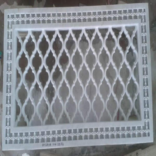 Premium White Makrana Marble Jali Panel with Intricate Geometric Carving & Floral Border Design