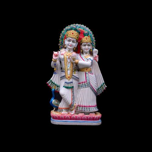 Divine Radha Krishna Marble Sculpture Crowned with Peacock Feathers