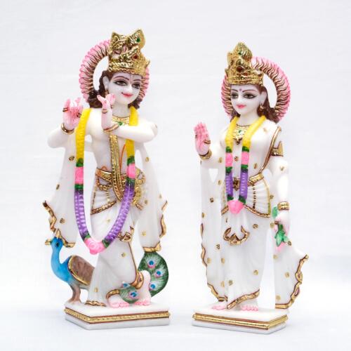Makrana White Marble Radha Krishna Jugal Jodi with Peacock Idol for Temple"