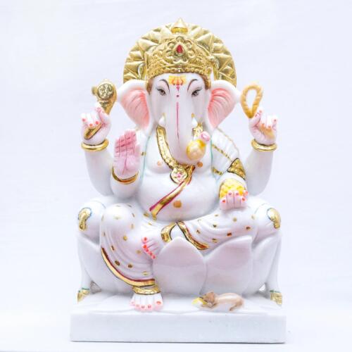Vighnaharta Ganesh Ji Idol Crafted from Vietnam White Marble, Gracefully Seated on a Masand Pillow