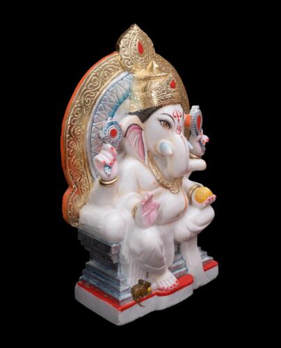 Exquisitely Handpainted Ganesh Statue in Pure White Marble with Decorative Frame – Ideal for Temple Use