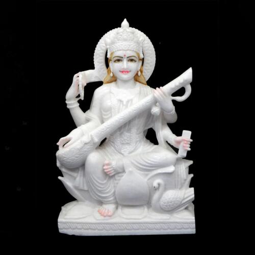 Graceful Saraswati Mata Statue Carved in Vietnam White Marble – Ideal for Temple Installation