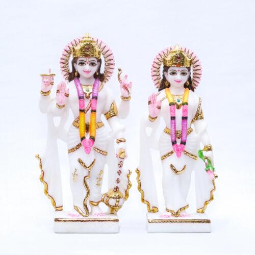Vishnu Laxmi Idol Pair in Makrana White Marble with Multicolor Garland