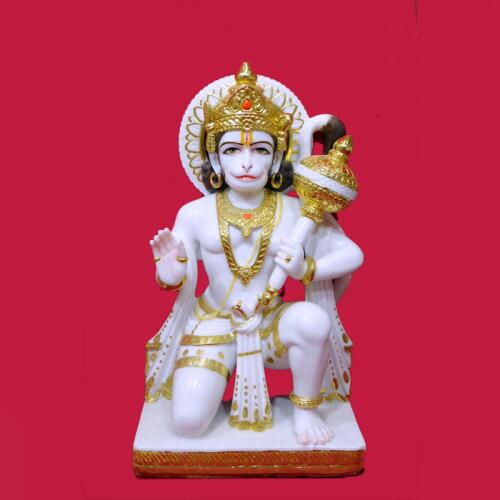 Gracefully Seated Hanuman Ji Marble Idol in Aashirwad Pose with Gada – Crafted from Premium Vietnam Marble