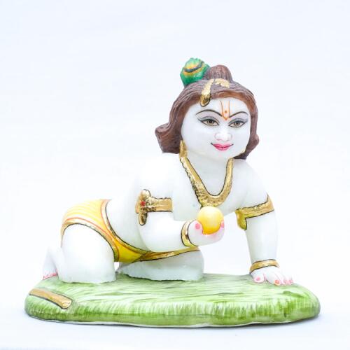 Beautifully Handcrafted Marble Laddu Gopal Murti with Meenakari Work – Handpainted Idol on Green Base