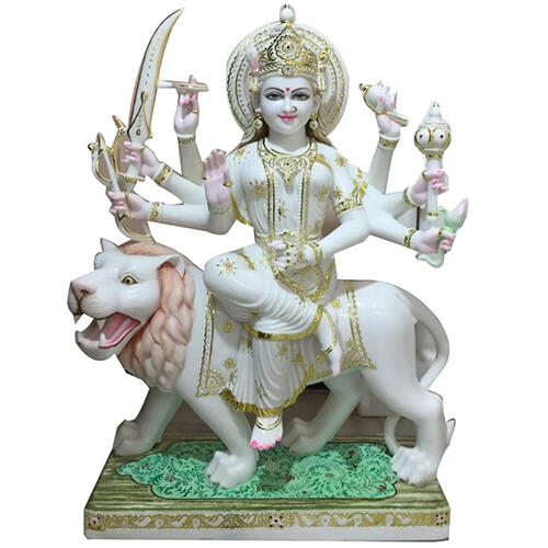 Marble Durga Mata Statue on Lion – Handcrafted White Finish Idol
