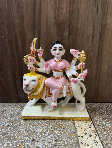 Baal Roop Durga Mata Marble Murti – Pink Dress Idol on Lion