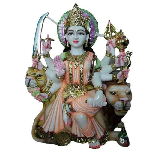 Marble Trishakti Durga Mata Murti – Idol Sitting on Lion, Tiger & Ox