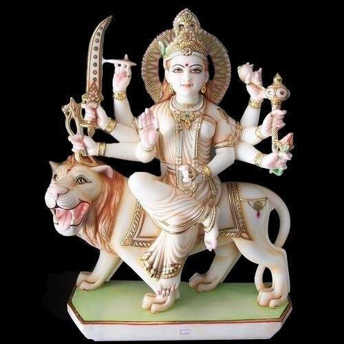 Handcrafted White Marble Maa Durga Murti Sitting on Lion