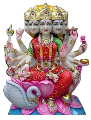 Gayatri Mata Statue in Painted White Marble Sitting on Lotus with Swan