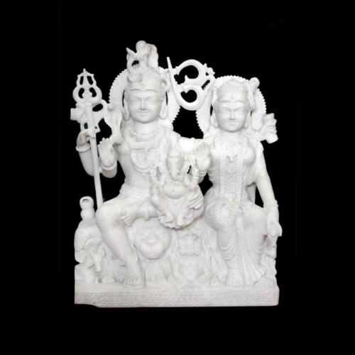 Divine Shiv Parivar (Gaurishankar) Sculpture in White Marble