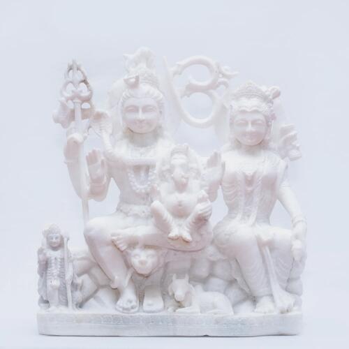 Hand-Carved White Marble Gauri Shankar Statue (Unfinished) with Ganesh Ji and Kartikeya